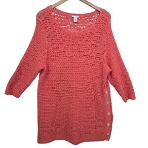 J. Jill Women's Coral Crochet Knit Side Button Tunic Top SZ L Coastal Beach‎
